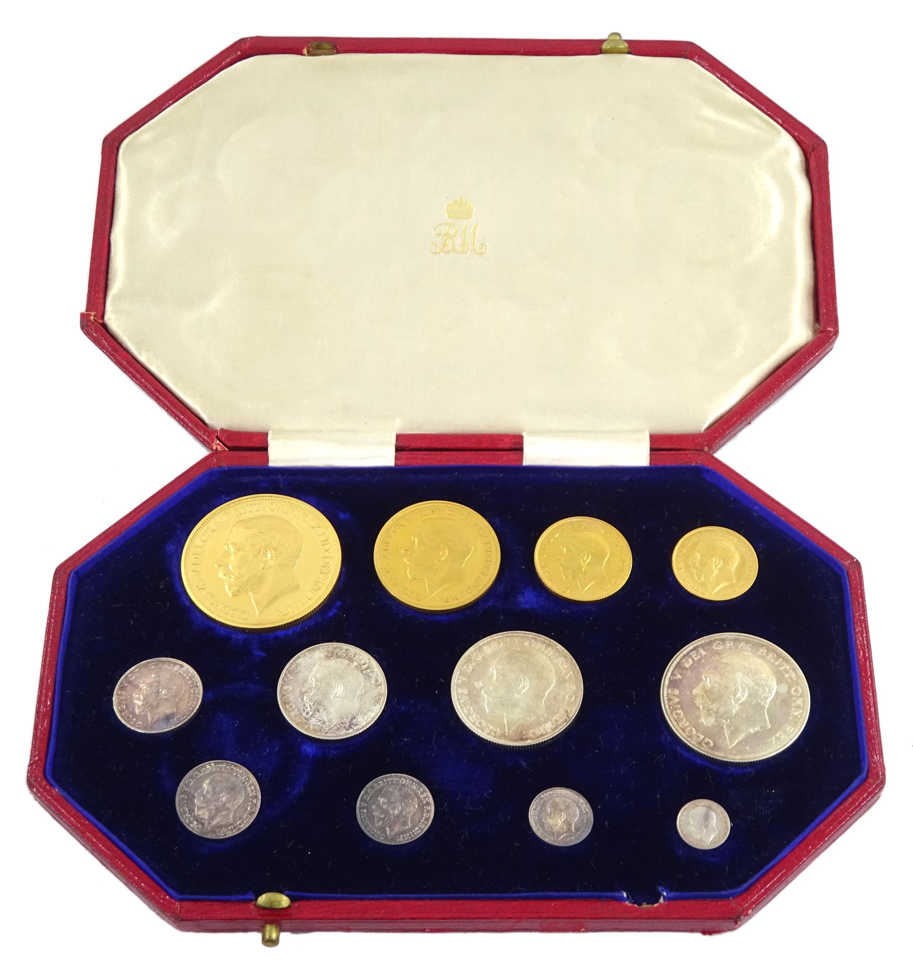 King George V 1911 proof long coin set, comprising gold half sovereign, sovereign, two pounds and five pounds, silver maundy money set, sixpence, shilling, florin and halfcrown, housed in dated case 
