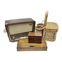 Early 20th century burr walnut tea caddy, Art Deco wooden box, wicker basket with bottle holders and a 1950s Stella radiogram