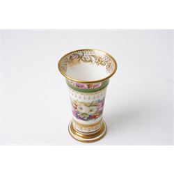Brown-Westhead, Moore & Co cabinet cup and saucer, with rope twist moulded handle, hand-painted with floral reserves against a white and sky blue ground, heightened profusely with gilt, together with a pink hand-painted example, and a 19th century spill vase and twin-handled covered sucrier (4)