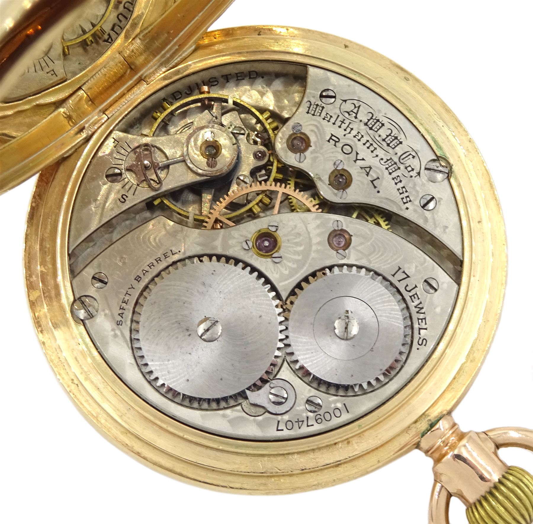 Early 20th century 10ct gold full hunter keyless 'Royal' lever pocket watch by American Watch Company, Waltham, No. 10097407, white enamel dial with Roman numerals and subsidiary seconds dial, case stamped 10c