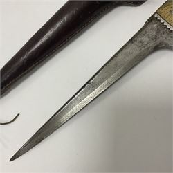 Afghan Khyber knife (Choora), blade engraved along the top edge with ornate brass and bone grip, with leather scabbard, overall L31cm, blade L20cm