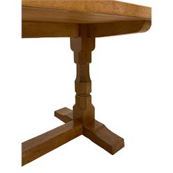 Mouseman - oak 6' refectory dining table, rectangular adzed and pegged top, two octagonal pillar supports on sledge feet joined by floor stretcher,  carved with mouse signature, by the workshop of Robert Thompson, Kilburn