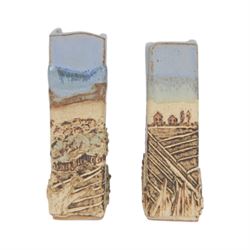 Robin Gough; two studio pottery vases of rectangular chimney vase, each decorated in relief with villages, H15cm 