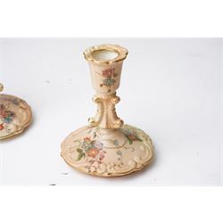 Collection of Worcester blush ivory, including a pot pourri and a pair of candlesticks by George Grainger & Co, with brown and green stamps to bases, together with a teacup and saucer with marks in puce, candlesticks H12cm 