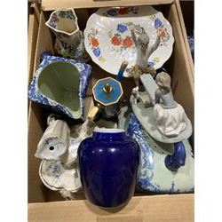 Blue and white ceramics, including cake stands, cheese dome, pumpkin jar, etc, together with Noritake tea set, glassware and other ceramics in four boxes 