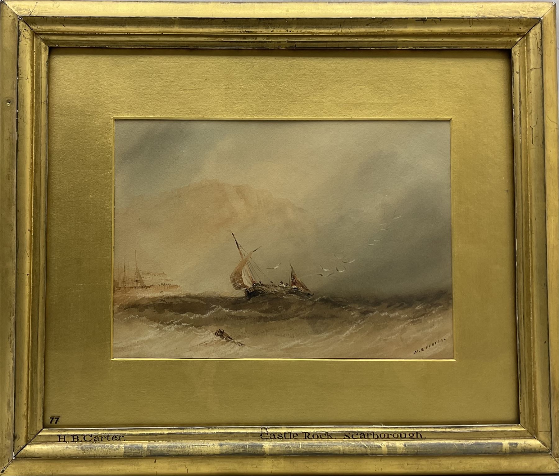 Henry Barlow Carter (British 1804-1868): Fisher Smack off the Castle Rock Scarborough, watercolour signed 17cm x 24cm 
Provenance: part of a large North Yorkshire single owner life time collection of H B & J N Carter watercolours