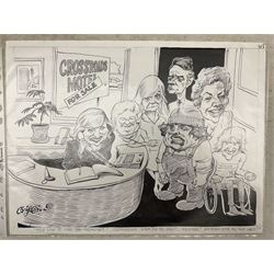 Charles Griffin (British 1946-): Collection of five political and social cartoons c.1985, including caricatures of various politicians, Crossroads characters, SDP plans for liberal takeover etc (5) (unframed)