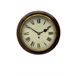 Compact, single train Fusee wall clock in a mahogany case, c1890, 10” painted dial with Roman numerals, minute track and steel spade hands, spun brass bezel with a flat glass and 13” mahogany surround, side door and curved pendulum regulation door. With pendulum.

