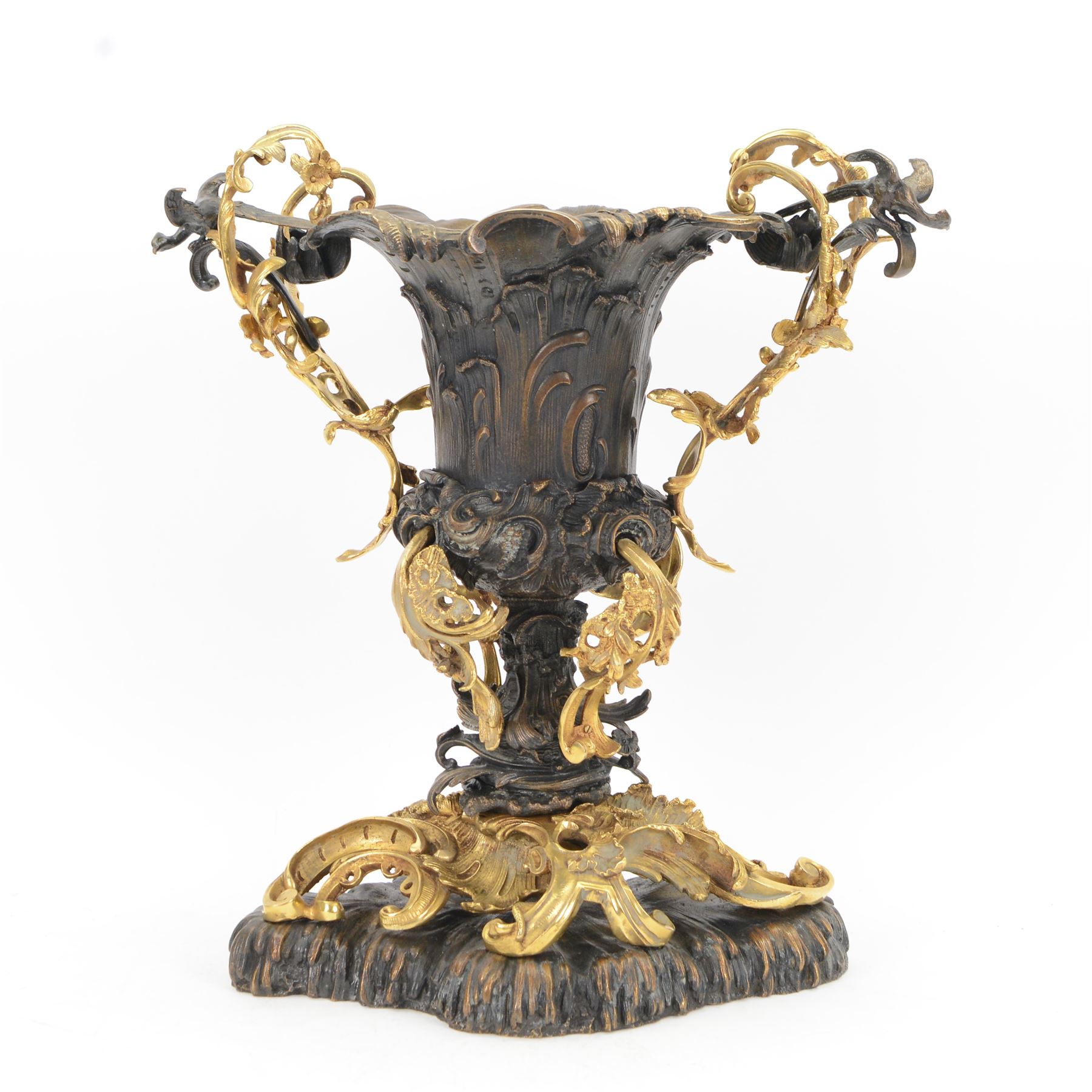 After Henry Dasson (1825-1896): large French gilt bronze urn, the body of typical form and cast with C scrolls, with twin curved gilt foliate handles detailed with birds, upon a scrolling foot, and naturalistically cast base, impressed HENRY DASSON to foot, H50.5cm W48cm