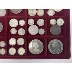 Great British and World coins including King George V 1935 crown, various silver three pence pieces, United States of America 1944 quarter dollar etc, housed in a coin tray