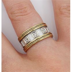 9ct white and yellow gold Byzantine style five stone diamond ring, hallmarked 