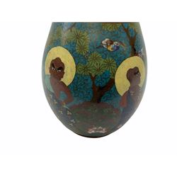 Japanese Cloisonne vase, Meiji/Taisho period, decorated with five haloed figures, possibly the Lucky Gods or Monks, in a landscape detailed with pine trees, lotus flowers and auspicious clouds, beneath a neck with band of fronds, with apocryphal Ming mark beneath, H31cm