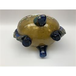 Pair of 19th century glass vases in the style of Auguste Jean, of bulbous form with lobed rim and applied blue glass zoomorphic handles, painted with enamel flowers, dragonflies and swans, upon four blue glass feet, H26cm