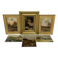 Three framed crystoleums and three further unframed, all depicting various landscapes or figures in garden scenes, largest H40cm W31cm (6)