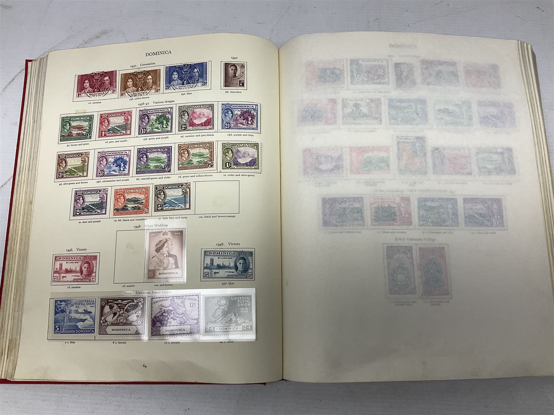Single album collection of King George VI stamps, including Aden, Antigua, Ascension, Australia, Bahamas, Bahrain, Barbados, Basutoland, Bechuanaland, Bermuda, British Solomon Islands, Brunei, Burma, Cayman Islands, Dominica, Falkland Islands, Gambia, Gilbert and Ellice Islands, Gold Coast, Great Britain 1939-48 set to one pound including ten shilling dark blue, Grenada, Hong Kong, India, Ireland, Jamaica, Leeward Islands, Malta, Mauritius, New Zealand etc