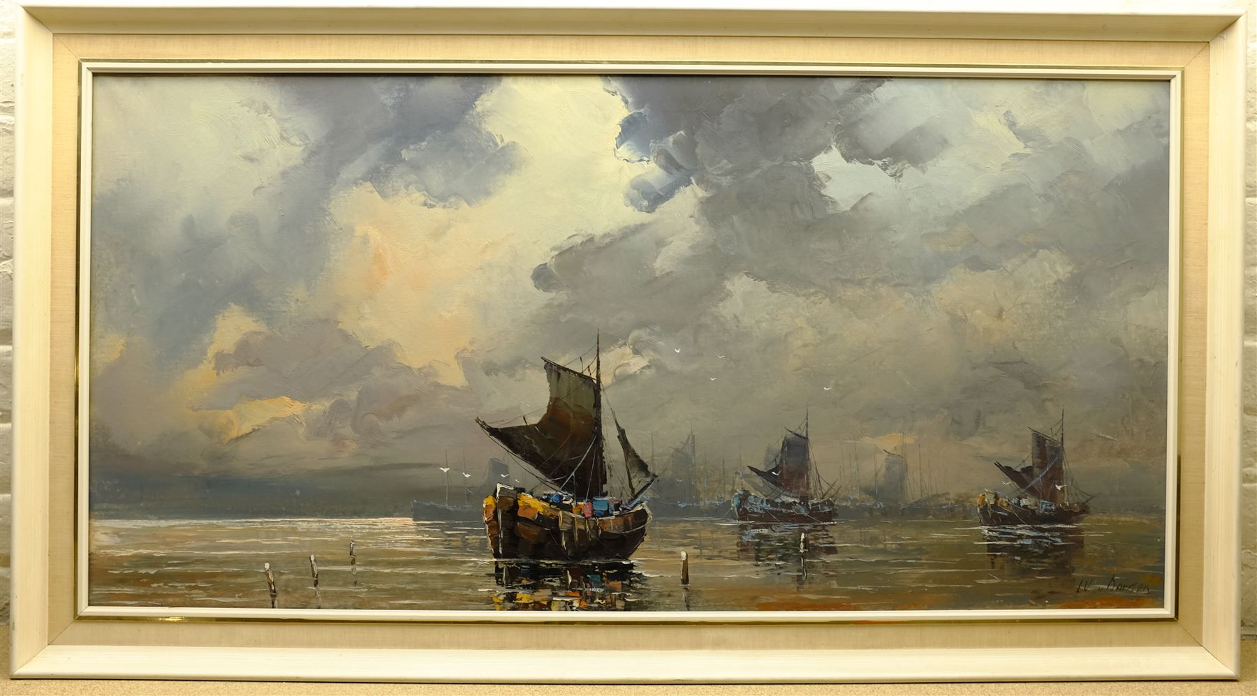 Continental School (20th century): Returning to Harbour, oil on canvas indistinctly signed 60cm x 120cm
