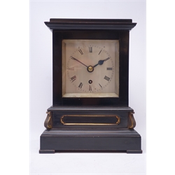  19th century Architectural ebonised cased library time piece, with square silvered Roman dial and single fusee movement, W23cm, H30cm, D16cm  