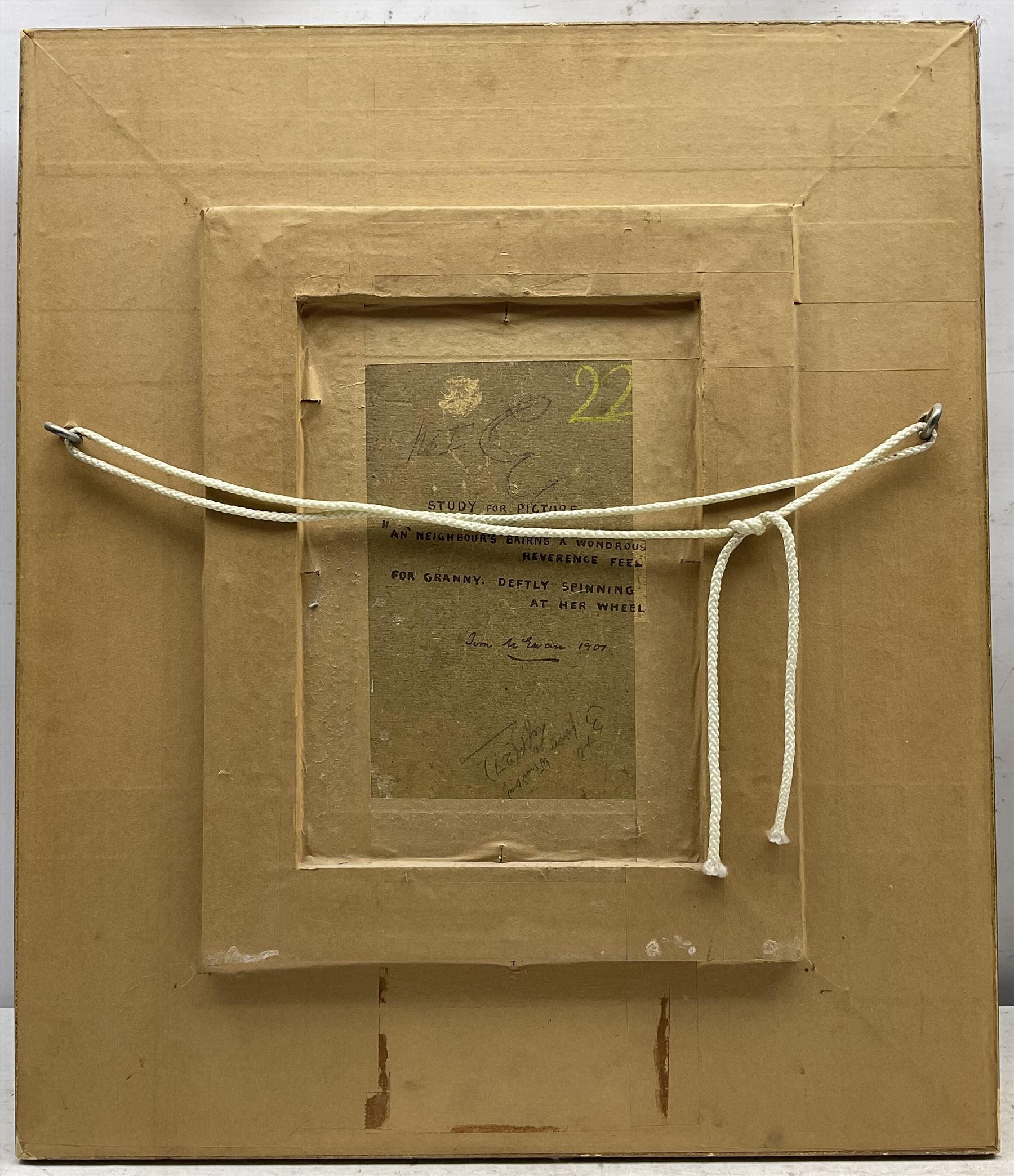 Tom McEwan (Scottish 1846-1914): 'The Spinning Wheel', oil on board signed and titled on mount, dated 1907 verso 25cm x 18cm 