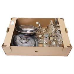 Two glass and silver plated six bottle cruets, plated egg cruet and two entree dishes
