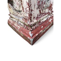 Early 20th century terracotta pedestal, square form with egg and dart detail, four lions masks to either side, finished in distressed cream paint