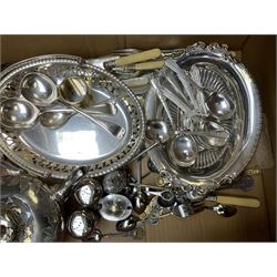 Quantity of silver plate to include cutlery with mother of Pearl handles, teapots, souvenir teaspoons and other metalware etc in two boxes