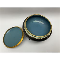 A Japanese cloisonne jar and cover, of squat form decorated with prunus blossom and birds in flight upon a black ground, with pierced wooden stand, jar D24cm.