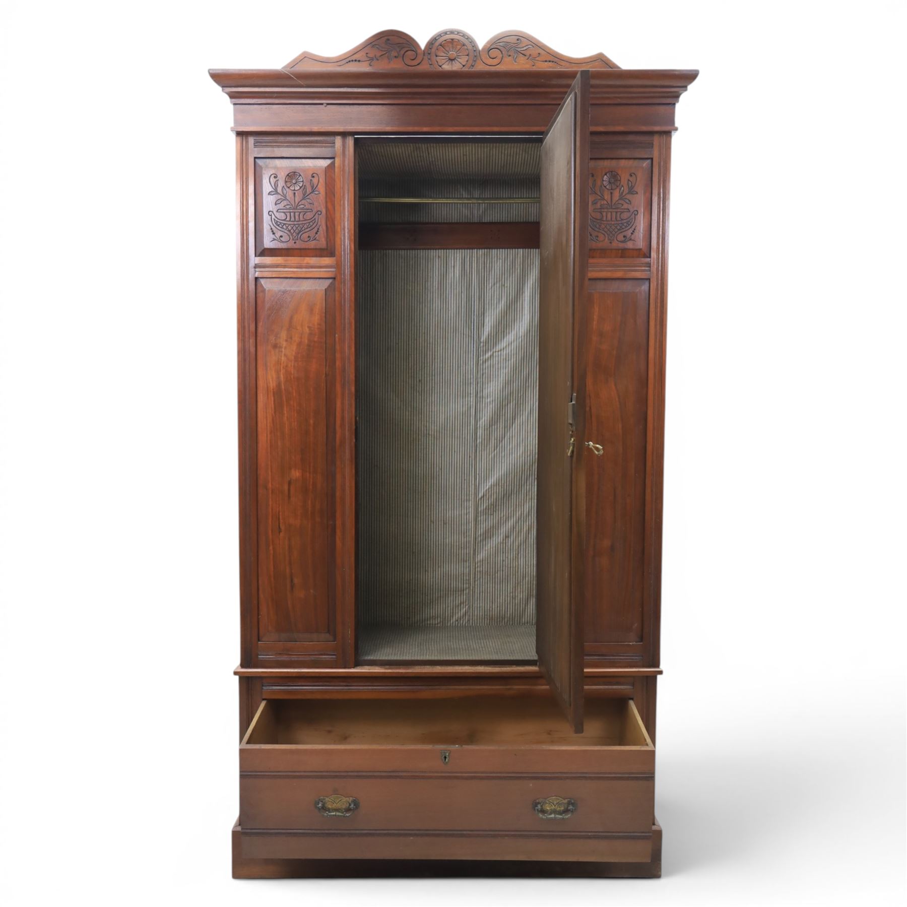 Edwardian walnut wardrobe, featuring single sectional mirror door with bevelled panes, single drawer to base
