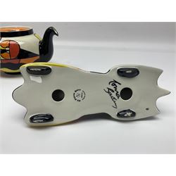 Lorna Bailey Mirage pattern teapot, together with Lorna Bailey batmobile egg cup, both signed beneath, teapot H10cm