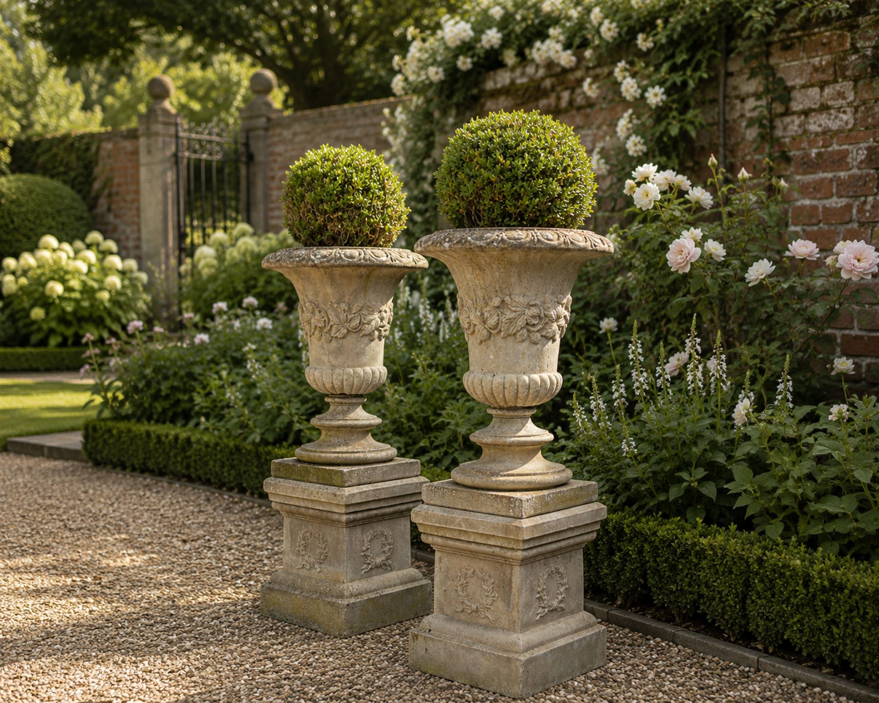 Pair of weathered composite stone campana urns on pedestals, the flared egg-and-dart rim over a tapering body with fruiting grapevine decoration in relief, over gadrooned underbelly, the rectangular pedestals moulded with floral garlands, planted