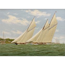 Richard M Firth (British 1971-): 'Westwood and Britannia Racing off the Royal Yacht Squadron - Cowes', oil on canvas laid on to board signed, titled on gallery label verso 29cm x 39cm 
Provenance: with James Starkey, Beverley, label verso