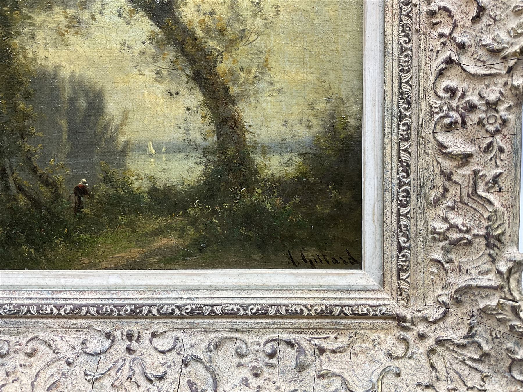 A Gillard (French 19th Century): Figure Foraging by a Shoreline, oil on canvas signed 25cm x 20cm 