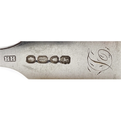 Set of twelve Victorian silver dessert forks, Fiddle pattern by Samuel Hayne & Dudley Cater, London 1841 and two similar dinner forks by Henry Holland, London 1856, approx 22oz