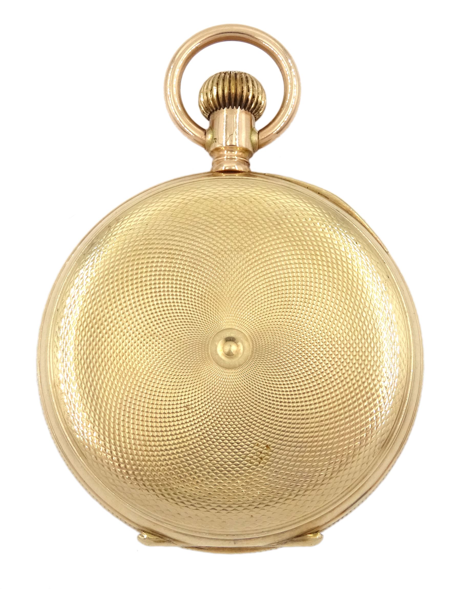 Early 20th century 10ct gold full hunter keyless lever 'Ensign' pocket watch by American Watch Company, Waltham, No. 11213034, white enamel with Roman numerals and subsidiary seconds dial, case makers mark AL stamped 10C, later hallmarked 9ct by Sheffield Assay Office, 2015
