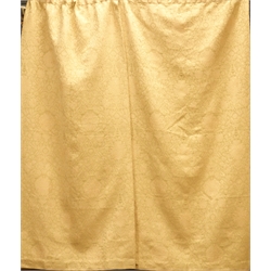  Two pairs of gold floral patterned curtains with raised gilt stitching, W133cm, Fall 230cm and W192cm, Fall 182cm  
