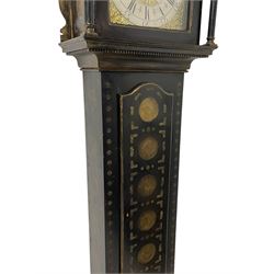 James Bowra of Sevenoaks Kent - 18th century 8-day ebonised longcase clock with gilt decoration c1740, with a flat top, dentil moulding beneath and shaped back splats, break arch hood door flanked by plain pilasters with wooden capitals, long trunk with a curved topped door, on a square plinth with canted corners and raised on a moulded base, brass dial with cast spandrels and a silvered 'Punch' automata to the arch, matted dial centre with seconds ring and date aperture, silvered chapter ring with Roman numerals, five minute Arabics, minute and quarter hour tracks, with matching steel hands and silvered makers name plate, rack striking movement with a recoil anchor escapement, striking the hours on a bell. With weights and pendulum.