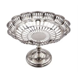 1920s silver pedestal dish, of circular form, with lobed rim and pierced bowl, upon circular domed foot, hallmarked Synyer & Beddoes, Birmingham 1920