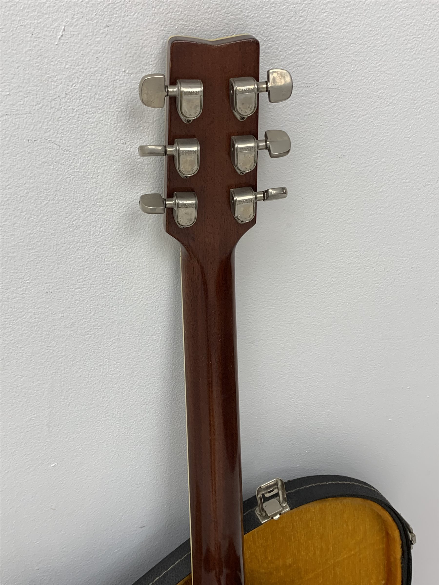 Rare Yamaha FG-1200J acoustic guitar, spruce top, solid Jacaranda back and sides, ebony fret board, mother-of-pearl bound top, three-piece back with abalone trim, in carrying case