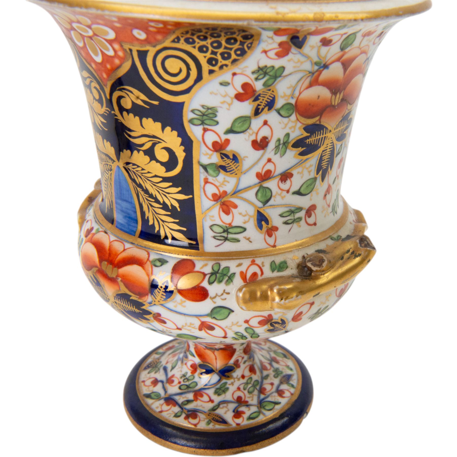 Derby twin handled campagna urn, decorated with flowers and cobalt panels highlighted in gilt, together with a smaller example with similar decoration, tallest H20cm