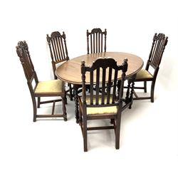 Early 20th century oak barley twist oval drop leaf dining table (H150cm, W107cm, H72cm), and five carved chairs with upholstered seat and turned supports (49cm)