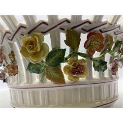 Early 20th century Dresden floral encrusted pierced bowl, centrally painted with flowers, on four tapering supports, D30cm 