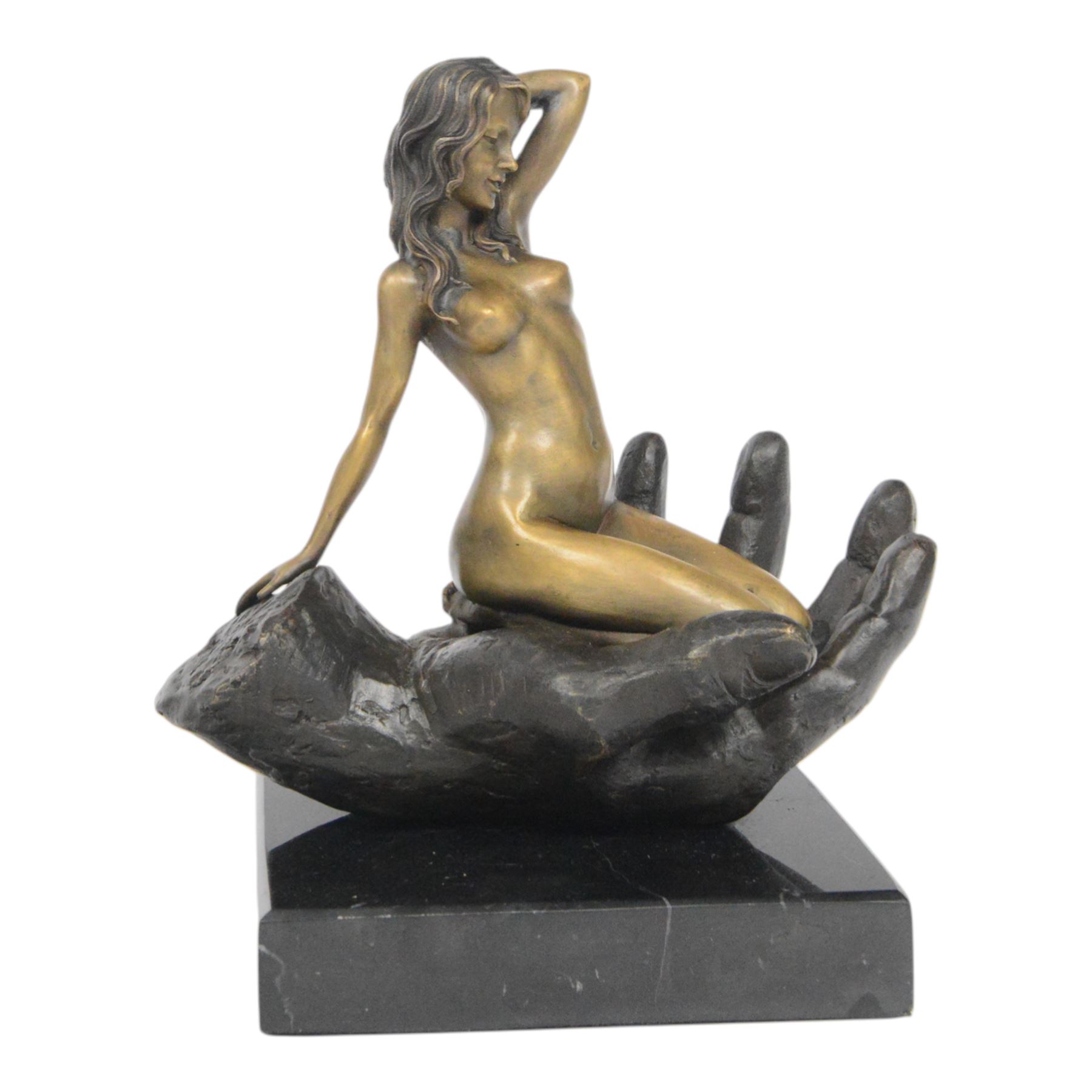 Nude In Hand bronze sculpture modeled as a female nude seated in a hand upon a marble base, signed June H24cm   