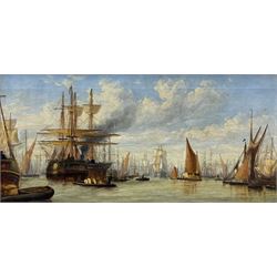 Manner of Claude T Stanfield Moore (British 1853-1901): Busy Shipping scene Pool of London, oil on canvas unsigned 27cm x 58cm 