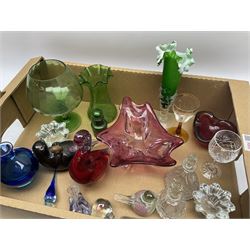 Quantity of glass to include green glass trumpet vase with frilled rim, art glass birds, glasses, scent bottles etc