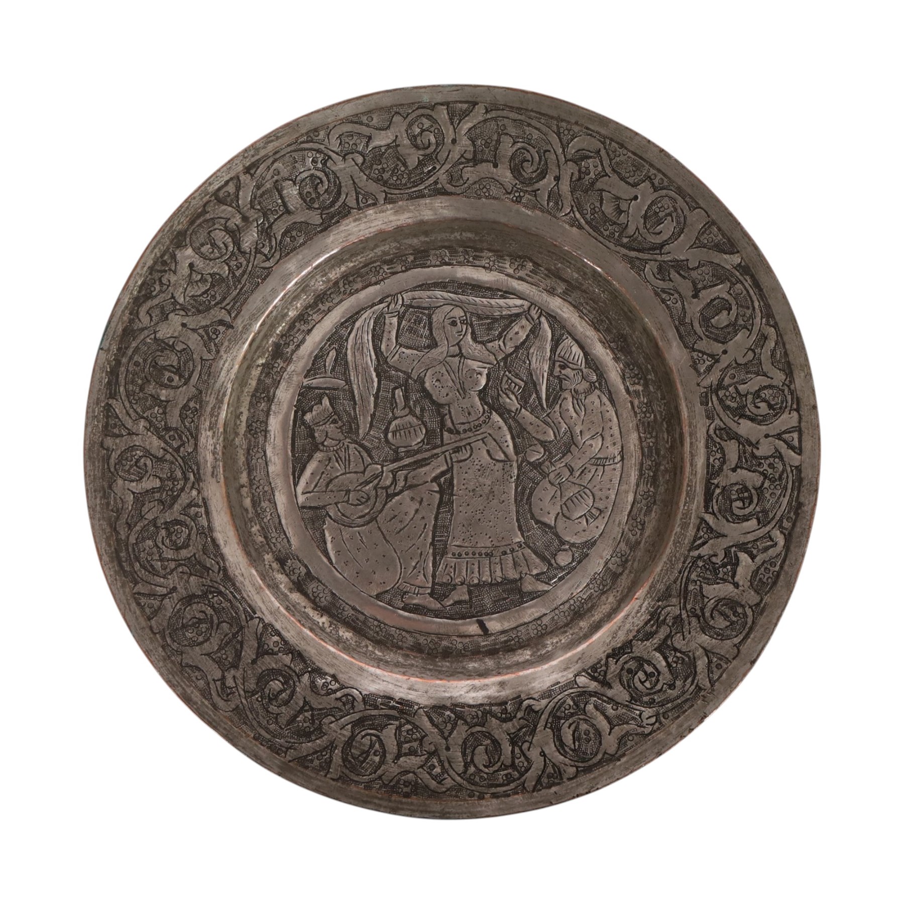 Set of four Persian silvered copper plates, decorated in relief, the central panel depicting figures in various scenes with a floral boarder, D17cm