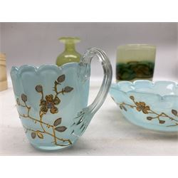 Mdina sea and sand glass vase, of cylindrical form, decorated in green, turquoise and brown, and matching vase, both unmarked together with a glass bowl and jug with gilt decoration 