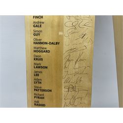 Two signed Yorkshire County cricket bats, from 2007 and 2008 seasons, bearing signatures including Darren Gough, Jason Gillespie, Younus Khan, Michael Vaughn and Tim Bresnan, etc