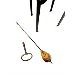 A German Arts and Crafts 'Gesamtkunstwerk' mantle clock c1890 in a square formed iron case with abalone incised triangles to each corner, case raised on four legs with inward facing feet,  convex copper chapter ring hand engraved with upright Arabic numerals, conforming copper hands in an individual style, with an eight-day spring driven rack striking movement manufactured by Lenzkirch, striking the hours and half hours on a bell, conforming steel pendulum with a hand-crafted faceted pear-shaped copper bob. With key.
Lenzkirch were one of the most prolific and respected German clock manufacturers of the 19th and early 20th century, it is highly probable that this movement was removed from another clock and incorporated into this artisan case when made at the end of the 19th century.