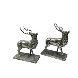 Pair of Composite silvered stags, on rectangular bases, H38cm
