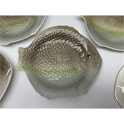 Shorter & Son six fish plates, together with a larger platter and sauce boat and saucer, all with stamped marks beneath