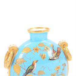 Royal Crown Derby moon flask, decorated with birds in branches upon a blue ground, with gilt detail, printed mark beneath, H20cm